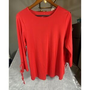 J. JILL Womens Large Pima Tie Sleeve Tee Tunic Top Red Soft Classy Stretch Flowy